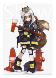 Rule 34 | 1girl, arknights, axe, black footwear, black jacket, boots, brown eyes, brown hair, captain yue, character name, closed mouth, commentary, fire axe, fire hydrant, firefighter jacket, firefighter, full body, grey background, head tilt, helmet, holding, holding axe, jacket, knee pads, looking at viewer, shaw (arknights), short eyebrows, solo, squirrel tail, standing, star (symbol), tail, tail raised, thick eyebrows, traffic cone, two-tone background, v-shaped eyebrows, visor, white background, white headwear