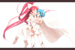 Rule 34 | 10s, 2girls, ^ ^, alternate color, blue hair, blush, bob cut, boots, bow, brooch, cape, carrying, closed eyes, crop top, elbow gloves, fang, flat chest, frills, gathers, gloves, hair bow, hair ornament, hairclip, high heels, jewelry, knee boots, letterboxed, light particles, long hair, magical girl, mahou shoujo madoka magica, mahou shoujo madoka magica (anime), miki sayaka, multiple girls, open mouth, piyodera mucha, pleated skirt, ponytail, princess carry, red hair, sakura kyoko, shoes, short hair, simple background, skirt, smile, tears, thighhighs, turtleneck, very long hair, white thighhighs, yuri, zettai ryouiki