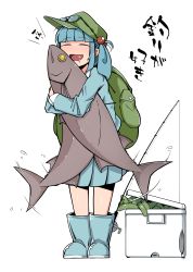Rule 34 | 1girl, :d, absurdres, animal, backpack, bag, blue footwear, blue hair, blue skirt, blush, boots, closed eyes, cucumber, drooling, fish, fishing rod, flanvia, full body, green hat, hat, highres, holding, holding animal, holding fish, kawashiro nitori, miniskirt, open mouth, pleated skirt, rubber boots, simple background, skirt, smile, solo, touhou, translation request, white background
