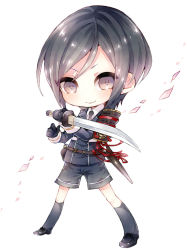 Rule 34 | 10s, 1boy, armor, black gloves, black hair, buttons, cherry blossoms, chibi, double-breasted, full body, gloves, highres, japanese armor, lapels, looking at viewer, male focus, military, military uniform, necktie, niwako, notched lapels, shoes, short hair, short sword, shoulder armor, simple background, socks, sode, solo, standing, sword, tantou, touken ranbu, uniform, weapon, white background, yagen toushirou