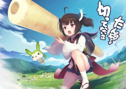 Rule 34 | 1girl, backpack, bag, blue skirt, blunt bangs, blush stickers, brown hair, cannon, carrying over shoulder, commentary, cow, fisheye, floating, glint, headgear, hibi tsuna, highres, japanese clothes, kimono, kiritanpo (food), miniskirt, mountainous horizon, on one knee, open mouth, outdoors, oversized food, oversized object, pink eyes, short hair, short twintails, shoulder cannon, skirt, sparkle, tabi, touhoku kiritan, twintails, v-shaped eyebrows, voiceroid, white kimono, wind turbine, windmill, zundamon