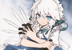 Rule 34 | 1girl, blue dress, blue eyes, bow, braid, dress, green bow, hair bow, highres, holding, holding knife, izayoi sakuya, knife, looking at viewer, maid, maid headdress, multiple braids, multiple knives, qqqrinkappp, serious, solo, touhou, white hair