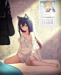 Rule 34 | 1girl, animal ears, arknights, bare shoulders, barefoot, black hair, black jacket, breasts, brown eyes, calendar (object), chromatic aberration, cleavage, commentary request, highres, indoors, jacket, korean commentary, kumarang, long hair, looking at viewer, medium breasts, naked shirt, no pants, off-shoulder shirt, off shoulder, red hair, shirt, short sleeves, sitting, smile, solo, sora (arknights), texas (arknights), wariza, white shirt, wolf ears