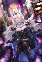 Rule 34 | 1girl, anankos, armor, ascot, aura, black armor, boots, breastplate, cape, cleavage cutout, clothing cutout, corrin (female) (fire emblem), corrin (fire emblem), corruption, crossed legs, crown, dark persona, earrings, evil, evil grin, evil smile, fire emblem, fire emblem fates, gauntlets, grin, highres, intelligent systems, jewelry, krazehkai, long hair, looking at viewer, nintendo, orange eyes, pauldrons, pointy ears, possessed, possession, red eyes, shoulder armor, sitting, slit pupils, smile, smoke, solo, thighhighs, throne, torn cape, torn clothes, white hair