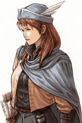 Rule 34 | 1girl, aloser danya, arrow (projectile), cape, earrings, fuji (d38635s10), hat, hat feather, jewelry, lowres, quiver, red hair, solo, tactics ogre