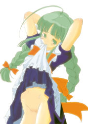 Rule 34 | 1girl, ahoge, blue dress, blunt bangs, blush, bow, braid, clothes lift, commentary request, cowboy shot, dress, dress lift, green eyes, green hair, hair bow, huge ahoge, lifted by self, long hair, looking at viewer, me-tan, mouth hold, navel, no panties, orange bow, os-tan, puffy short sleeves, puffy sleeves, pussy, seguchi takahiro, short sleeves, simple background, solo, tearing up, twin braids, uncensored, very long hair, waist bow, white background
