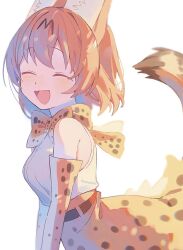 Rule 34 | 1girl, animal ears, bare shoulders, blonde hair, blush, bow, bowtie, cat ears, cat girl, cat tail, closed eyes, elbow gloves, gloves, high-waist skirt, kemono friends, mimu umui, open mouth, print bow, print bowtie, print gloves, print skirt, serval (kemono friends), serval print, shirt, short hair, skirt, sleeveless, smile, tail, white shirt