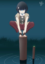 Rule 34 | 1girl, all fours, artist name, black footwear, black hair, black shirt, black wristband, blue background, blunt bangs, bob cut, brown eyes, brown shirt, closed mouth, collared shirt, commentary, cropped shirt, dated, frog, full body, gradient sky, grass, hair ornament, hairclip, head down, huumoon, kagenui yozuru, looking at viewer, midriff, midriff peek, monogatari (series), multicolored hair, navel, night, on top of pole, open clothes, open shirt, outdoors, overshirt, pale skin, pants, platform footwear, pond, red hair, ripples, shaded face, shirt, shoes, short hair, short sleeves, signature, sky, smile, solo, spread legs, squatting, streaked hair, striped, suspenders, toeless footwear, toes, two-tone shirt, vertical stripes, water, white shirt, wide spread legs