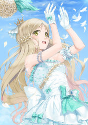 Rule 34 | 1girl, :d, arms up, blue sky, blush, bouquet, bow, breasts, cloud, commentary request, crown, day, dress, flower, gloves, green bow, green eyes, hair flower, hair ornament, hair ribbon, handa roco, idolmaster, idolmaster million live!, light brown hair, long hair, mini crown, miri (ago550421), open mouth, outdoors, polka dot, polka dot bow, ribbon, round teeth, sky, small breasts, smile, solo, strapless, strapless dress, teeth, tilted headwear, upper teeth only, very long hair, white dress, white flower, white gloves, white ribbon