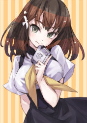 Rule 34 | 10s, 1girl, :&gt;, bad id, bad pixiv id, book, breasts, brown eyes, brown hair, gatchaman crowds, grey eyes, hair ornament, ichinose hajime, large breasts, looking at viewer, matsuryuu, school uniform, short hair, sketch, smile, solo, striped, striped background