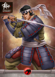 Rule 34 | 1boy, 2015, armor, bandana, black eyes, black hair, commentary, dated, emblem, english commentary, eyebrows, fighting stance, franciscoetchart, hachimaki, hachiman (thundercats), headband, highres, japanese armor, katana, logo, looking at viewer, male focus, official style, samurai, sideburns, signature, sword, thundercats, weapon