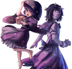 Rule 34 | 2girls, black hair, bowl, bowl hat, bracelet, cone horns, d:, d:&lt;, dress, frilled kimono, frills, hand to hat, hat, horns, japanese clothes, jewelry, kijin seija, kimono, mallet, mefomefo, miracle mallet, multicolored hair, multiple girls, open mouth, purple hair, short hair, streaked hair, sukuna shinmyoumaru, touhou, v-shaped eyebrows