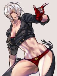 Rule 34 | 1girl, angel (kof), bad id, bad twitter id, bra, breasts, chaps, cropped jacket, fingerless gloves, gloves, hair over one eye, highres, index finger raised, jacket, large breasts, leather, leather jacket, looking at viewer, navel, panties, red eyes, snk, solo, strapless, strapless bra, syachiiro, the king of fighters, the king of fighters xiv, toned, underwear, underwear only, white hair