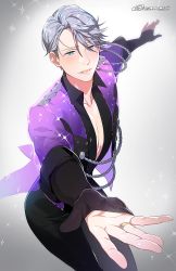 Rule 34 | 1boy, artist name, blue eyes, collared shirt, epaulettes, gearous, jewelry, male focus, open clothes, open shirt, outstretched hand, parted lips, ring, shirt, silver hair, sparkle, viktor nikiforov, yuri!!! on ice