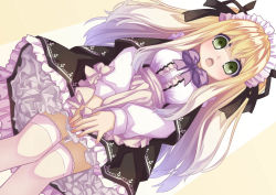 Rule 34 | 1girl, 54hao, :o, apron, bad id, bad pixiv id, black capelet, black ribbon, black skirt, blonde hair, blush, bow, bowtie, breasts, capelet, center frills, commentary request, covering privates, covering crotch, dutch angle, fingernails, frilled apron, frilled shirt, frills, green eyes, hair between eyes, highres, long hair, long sleeves, looking at viewer, looking down, maid, maid headdress, medium breasts, open mouth, original, petticoat, purple bow, purple bowtie, ribbon, shirt, sidelocks, skirt, solo, thighhighs, v arms, very long hair, waist apron, white apron, white shirt, white thighhighs