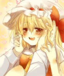 Rule 34 | 1girl, :d, blonde hair, blush, flandre scarlet, hands on another&#039;s cheeks, hands on another&#039;s face, hat, hat ribbon, hetero, open mouth, red eyes, ribbon, side ponytail, sketch, smile, touhou, uru uzuki, wings