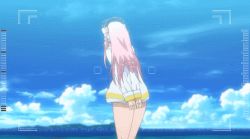 Rule 34 | 1girl, animated, animated gif, ass, bikini, blush, bouncing breasts, breasts, cleavage, cloud, headphones, jacket, lowres, navel, ocean, pink hair, red eyes, running, smile, solo, super sonico, swimsuit, tagme, underboob, white bikini