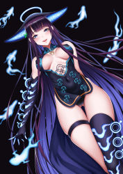 Rule 34 | 1girl, absurdres, bare shoulders, black background, black dress, black gloves, black headwear, black thighhighs, blue eyes, blue fire, blunt bangs, blush, breasts, center opening, covered navel, dress, elbow gloves, fate/grand order, fate (series), fire, fish, gloves, gluteal fold, hair ornament, halo, highres, large breasts, leaf hair ornament, long hair, looking at viewer, open mouth, purple hair, simple background, single thighhigh, smile, solo, thigh strap, thighhighs, thighs, very long hair, xiao gen, yang guifei (fate), yang guifei (third ascension) (fate)