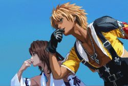 Rule 34 | 1boy, 1girl, beads, belt, black gloves, blonde hair, blue background, blue eyes, brown hair, chain necklace, couple, cropped hoodie, detached sleeves, earrings, final fantasy, final fantasy x, gloves, hair beads, hair ornament, hand to own mouth, highres, hood, hoodie, jewelry, medium hair, necklace, open clothes, open shirt, parted bangs, parted lips, pendant, ring, shiren (ourboy83), short hair, short sleeves, single earring, square enix, suspenders, tidus, upper body, whistling, wide sleeves, yuna (ff10)
