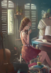 Rule 34 | 1980s (style), 1girl, blue eyes, book, brown hair, cello, chair, cup, dress, eating, holding, indoors, instrument, light, looking back, notebook, retro artstyle, ooi choon liang, open book, original, piano, plant, potted plant, red dress, retro artstyle, sheet music, sitting, smile, spoon, stuffed animal, stuffed toy, tonari no totoro, wavy hair