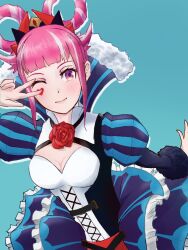 Rule 34 | 1girl, breasts, facial mark, fire emblem, fire emblem engage, folded twintails, hair flaps, heart, heart facial mark, highres, hortensia (fire emblem), looking at viewer, medium breasts, nintendo, pink eyes, pink hair, smile, solo, striped clothes, strixinkagoshim