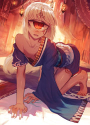 Rule 34 | 1girl, :d, all fours, asymmetrical sleeves, barefoot, blonde hair, breasts, cyclops, downblouse, extended downblouse, facial mark, feet, forehead mark, gino (gino h), highres, indoors, long hair, looking at viewer, monster girl, no bra, off shoulder, one-eyed, open mouth, original, red eyes, small breasts, smile, solo, tattoo, uneven sleeves