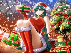 Rule 34 | 1girl, arm support, bare shoulders, bell, boots, bow, box, breasts, choker, christmas, christmas ornaments, christmas tree, closed mouth, commentary, delsaber, dress, earrings, english text, fingerless gloves, fingernails, fire emblem, fire emblem: the blazing blade, full body, fur trim, gift, gift box, gloves, green eyes, green hair, hat, holding, jewelry, knee boots, lips, long hair, lyn (fire emblem), medium breasts, nintendo, pom pom (clothes), red dress, red footwear, red gloves, santa costume, santa hat, short dress, simple background, sleeveless, smile, snow, snowing, solo, sparkle, star (symbol), star earrings, thighs, very long hair, wooden floor