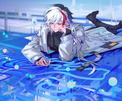 Rule 34 | 1boy, abstract background, arknights, arm support, black footwear, black hair, black pants, blue background, coat, colored eyelashes, drawing, elysium (arknights), feather hair, grey eyes, half-closed eyes, highres, holding, holding pen, lab coat, long hair, long sleeves, lying, male focus, multicolored hair, on stomach, pants, pen, red hair, solo, streaked hair, the pose, white coat, white hair, zzzoeeeeeee