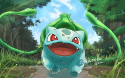 Rule 34 | :d, bad id, bad pixiv id, bright pupils, bulbasaur, claws, cloud, commentary request, creatures (company), day, fangs, game freak, gen 1 pokemon, grass, light rays, looking up, natako (emhy2352), nintendo, no humans, open mouth, outdoors, plant, pokemon, pokemon (creature), puddle, red eyes, sky, smile, solo, tongue, tree, vines, walking, water, water drop, white pupils