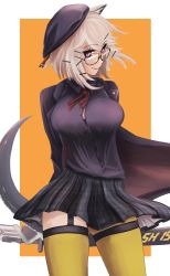 Rule 34 | 1girl, absurdres, animal ear fluff, animal ears, arknights, asymmetrical legwear, black-framed eyewear, black headwear, black jacket, black shirt, black skirt, blonde hair, blush, border, breasts, button gap, closed mouth, cowboy shot, garter straps, glasses, highres, jacket, large breasts, looking at viewer, miniskirt, neck ribbon, official alternate costume, open clothes, open jacket, orange background, outside border, plaid, plaid skirt, pleated skirt, red ribbon, ribbon, sheath, sheathed, shirt, short hair, simple background, single leg pantyhose, single thighhigh, skirt, smile, smug, solo, superbeek4, sword, tail, thighhighs, tilted headwear, utage (arknights), utage (disguise) (arknights), weapon, white border, yellow thighhighs