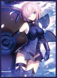 Rule 34 | 1girl, :o, armor, armored boots, bare shoulders, black panties, boots, bridal garter, cloud, cloudy sky, fate/grand order, fate (series), highres, holding, holding shield, looking at viewer, mash kyrielight, mashima saki (mashimasa), panties, shield, skin tight, sky, solo, underwear
