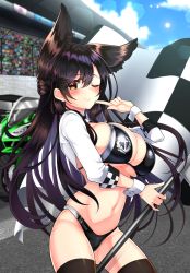 Rule 34 | 1girl, absurdres, animal ears, aruto (shake onigiri), atago (azur lane), atago (stunning speedster) (azur lane), azur lane, bikini, black bikini, black hair, black thighhighs, blue sky, bow, breasts, checkered flag, cloud, contrapposto, cowboy shot, day, dog ears, extra ears, flag, highres, index finger raised, large breasts, logo, long hair, mole, mole under eye, official alternate costume, one eye closed, outdoors, race queen, ribbon, shrug (clothing), sky, sleeve cuffs, solo, swept bangs, swimsuit, thighhighs, two-tone bikini, white bow, white ribbon, wrist cuffs