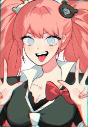 Rule 34 | 1girl, :d, :p, bear hair ornament, blonde hair, blue eyes, bow, breasts, cleavage, collarbone, danganronpa: trigger happy havoc, danganronpa (series), enoshima junko, hair ornament, hands up, highres, long hair, looking at viewer, medium breasts, nail polish, necktie, open mouth, red nails, shirt, smile, solo, taro (303 taroo), teeth, tongue, tongue out, twintails, upper teeth only, white necktie