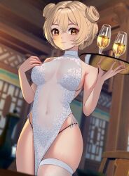 Rule 34 | 1girl, alcohol, alternate costume, alternate hairstyle, artist name, baobei (baobei bu), bare shoulders, blonde hair, blurry, blurry background, blush, breasts, chair, china dress, chinese clothes, closed mouth, double bun, dress, eyeshadow, floral print, genshin impact, glass, hair between eyes, hair bun, hands up, highres, holding, holding tray, indoors, looking at viewer, lumine (genshin impact), makeup, medium breasts, red eyeshadow, reflection, short hair, single thighhigh, sleeveless, sleeveless dress, smile, solo, standing, table, thighhighs, tray, white dress, white thighhighs, window, yellow eyes
