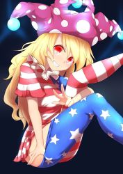 Rule 34 | 1girl, amatora destiny, american flag dress, american flag legwear, blonde hair, clothes pull, clownpiece, dress, hat, jester cap, long hair, looking at viewer, neck ruff, pantyhose, pantyhose pull, polka dot, pulling own clothes, red eyes, short dress, sitting, smile, solo, star (symbol), star print, striped clothes, striped pantyhose, teeth, touhou, v