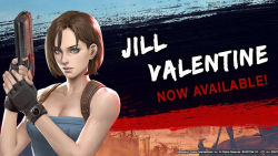 Rule 34 | 1girl, bare arms, bare shoulders, black gloves, blue eyes, blue tube top, breasts, brown hair, capcom, character name, cleavage, closed mouth, collarbone, female focus, fingerless gloves, gloves, gun, holding, holding gun, holding weapon, holster, jill valentine, julia voth, lips, looking at viewer, medium breasts, neck, official art, resident evil, resident evil 3: nemesis, serious, short hair, shoulder holster, solo, strapless, teppen, trigger discipline, tube top, upper body, weapon