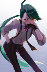 Rule 34 | 1girl, ahoge, black gloves, black necktie, black pants, bright pupils, collared shirt, commentary request, creatures (company), game freak, gloves, gradient background, green hair, hand in pocket, hand up, highres, holding, holding poke ball, long hair, necktie, nintendo, pants, poke ball, poke ball (basic), pokemon, pokemon sv, ponytail, red eyes, rika (pokemon), shirt, solo, suspenders, watermark, white pupils, zumiki