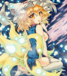 Rule 34 | 1girl, alternate costume, animal hat, ass, bad id, bad pixiv id, blonde hair, breasts, colored pencil (medium), finger to mouth, fox tail, frilled thighhighs, frills, hat, hat with ears, light particles, looking at viewer, looking back, mob cap, multicolored background, multiple tails, naked tabard, painting (medium), mob cap, qqqrinkappp, short hair, sideboob, sitting, solo, tabard, tail, tassel, thighhighs, touhou, traditional media, wariza, water drop, watercolor (medium), white thighhighs, yakumo ran, yellow eyes