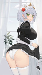 Rule 34 | 1girl, absurdres, ass, black dress, blurry, blurry background, blush, braid, breasts, clothes lift, commentary request, cowboy shot, crown braid, curtains, dress, dress lift, flower, frilled dress, frills, genshin impact, green eyes, grey hair, hair flower, hair ornament, highres, indoors, juliet sleeves, large breasts, lifting own clothes, long sleeves, looking at viewer, looking back, maid, noelle (genshin impact), paid reward available, panties, parted lips, puffy sleeves, red flower, red rose, rose, sash, short hair, skirt hold, solo, standing, thighhighs, thighs, uka (315302627), underwear, white hair, white panties, white sash, white thighhighs, window