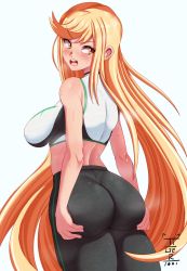 1girl ass bare_shoulders blonde_hair blush breasts from_behind grabbing_own_ass highres large_breasts long_hair mythra_(xenoblade) open_mouth pants solo sports_bra sweat tiger1001 white_background xenoblade_chronicles_(series) xenoblade_chronicles_2 yellow_eyes yoga_pants