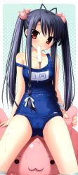 Rule 34 | 1girl, :3, absurdres, antenna hair, bare shoulders, blue hair, blush, food, food in mouth, hair bobbles, hair ornament, highres, hinata haruka, huge filesize, ikegami akane, long image, looking at viewer, melting, mouth hold, name tag, off shoulder, one-piece swimsuit, popsicle, red eyes, scan, school swimsuit, sexually suggestive, shiny clothes, sitting, sitting on object, stick poster, strap slip, swimsuit, tall image, twintails, with ribbon