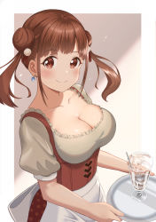 Rule 34 | 1girl, aoi momiji, breasts, brown eyes, brown hair, cleavage, cup, double bun, drinking glass, earrings, frills, hair bun, hair ornament, highres, holding, idolmaster, idolmaster shiny colors, jewelry, large breasts, looking at viewer, maid, plate, sidelocks, simple background, smile, solo, sonoda chiyoko, tray, twintails