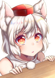 Rule 34 | 1girl, absurdres, animal ear fluff, animal ears, bare shoulders, collarbone, hat, highres, inubashiri momiji, lips, looking up, open mouth, pom pom (clothes), red eyes, shirt, short hair, silver hair, simple background, solo, tokin hat, touhou, turtleneck, uissu, upper body, white background, white shirt, wolf ears