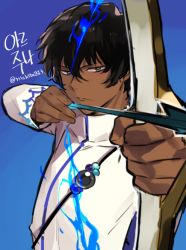Rule 34 | 1boy, arjuna (fate), arrow (projectile), blue fire, bow (weapon), brown hair, dark-skinned male, dark skin, drawing bow, fate/grand order, fate (series), fire, gradient background, holding, holding bow (weapon), holding weapon, korean text, male focus, ninee, nishita, solo, weapon