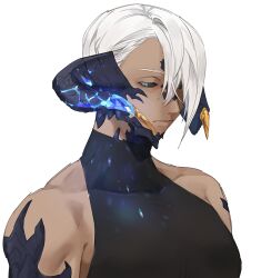 Rule 34 | 1boy, au ra, bare shoulders, black sclera, black shirt, blue eyes, blue sclera, closed mouth, colored sclera, final fantasy, final fantasy xiv, gg dal, half-closed eyes, horn cover, horns, looking down, male focus, monster boy, scales, shirt, short hair, simple background, solo, upper body, warrior of light (ff14), white background, white hair