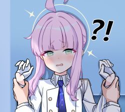 Rule 34 | !, 1boy, 1girl, ?, absurdres, ahoge, blue archive, blue necktie, blunt bangs, braid, braided bun, commentary, gloves, green eyes, hair bun, halo, highres, kabedon, kaya (blue archive), long hair, long sleeves, looking at viewer, momip, necktie, pink hair, pointing, pointing at self, school uniform, sidelocks, simple background, smile, smug, solo focus, white background, white gloves