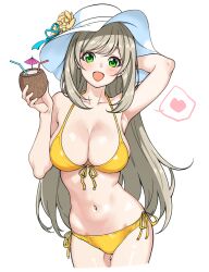 Rule 34 | 1girl, absurdres, aqua ribbon, arm behind head, arm up, armpits, bikini, blue archive, blush, breasts, cleavage, coconut, collarbone, commentary, cowboy shot, dot nose, drink, drinking straw, flower, front-tie bikini top, front-tie top, green eyes, grey hair, hat, hat flower, hat ribbon, heart, highres, holding, holding drink, large breasts, long hair, looking at viewer, navel, nonomi (blue archive), nonomi (swimsuit) (blue archive), official alternate costume, open mouth, parabi, ribbon, side-tie bikini bottom, sidelocks, simple background, solo, spoken heart, sun hat, swimsuit, white background, white hat, yellow bikini