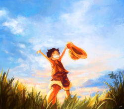 Rule 34 | 1boy, bad id, bad pixiv id, black hair, blue sky, child, cloud, day, east blue, closed eyes, grass, grin, hat, highres, male focus, monkey d. luffy, one piece, outdoors, outstretched arms, plant, scar, short hair, shorts, signature, sky, smile, solo, spread arms, standing, straw hat, tsuyomaru, aged down