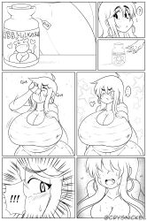 Rule 34 | !, !!, 1girl, absurdres, artist name, bare shoulders, breasts, cleavage, cloe (crysnickel), comic, cow, crysnickel, curvy, drinking, earrings, eyelashes, female focus, freckles, freckles on breasts, heavy breathing, highres, huge breasts, jewelry, milk, monochrome, motion lines, original, solo, standing, star (symbol), wide hips