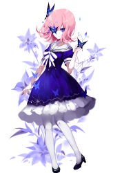 Rule 34 | 1girl, absurdres, artist name, black footwear, blue dress, blue eyes, blue flower, bow, bowtie, bug, butterfly, dress, eyelashes, flower, hair between eyes, hand up, high heels, highres, insect, one eye covered, original, pantyhose, petticoat, pink hair, puffy short sleeves, puffy sleeves, sailor collar, sailor dress, sheya, short hair, short sleeves, signature, simple background, solo, striped bow, striped bowtie, striped clothes, white background, white bow, white neckwear, white pantyhose, white sailor collar